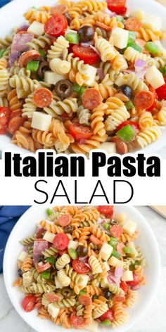 pasta salad with tomatoes, olives and other vegetables in it on a white plate