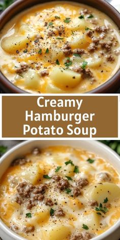 creamy hamburger potato soup in a white bowl