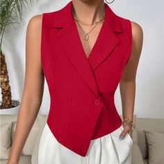 Super Cute And Stylish Ships In 5-10 Business Days Fitted Red Sleeveless Outerwear, Red Fitted Sleeveless Outerwear, Fitted Red Vest Outerwear, Red Fitted Vest For Spring, Fitted Red Vest For Spring, Elegant Fitted Red Vest, Fitted Red Vest With Buttons, Cropped Shein, Moda Shein