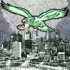 a drawing of an eagle flying over a city