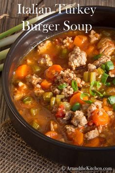 italian turkey burger soup in a black bowl