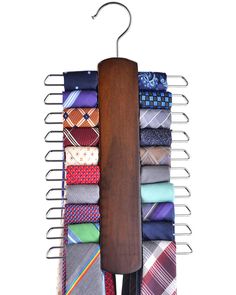 a tie rack with ties hanging from it's sides and a wooden hanger