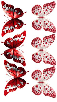 red and white butterflies with hearts on the wings, all in different shapes and sizes