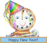 a happy new year clock with a party hat on it's head and streamers