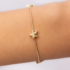 Material: gold plated brass Length: 7" + 1" extension IMPORTED Dainty Star Bracelet, Adjustable Gold Chain Bracelet With Star Charm, Adjustable Gold Star Chain Bracelet, Adjustable Gold Star-shaped Chain Bracelet, Dainty Adjustable Chain Bracelet With Star Charm, Metal Star-shaped Bracelets, Adjustable Gold Jewelry With Star Charm, Gold Metal Bracelets With Star Charm, Gold Metal Chain Bracelet With Star Charm