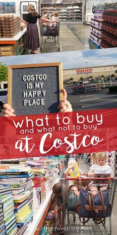 a woman holding up a sign that says what to buy and what not to buy at costco