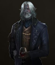 a man with white hair and beard holding a glass of wine in his right hand