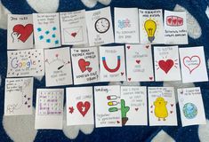 several cards with different designs on them and some words written in the middle one is for valentine's day