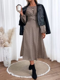 F00221795-105 Casual Brown Midi Dress For Fall, Khaki Long Sleeve Midi Dress For Spring, Long Sleeve Khaki Midi Dress For Spring, Casual Beige Maxi Dress For Fall, Casual Beige Maxi Dress For Winter, Fitted Casual Maxi Dress For Fall, Modest Midi Dress For Fall Day Out, Modest Midi Dress For Day Out In Fall, Long Sleeve Maxi Dress For Casual Fall Wear