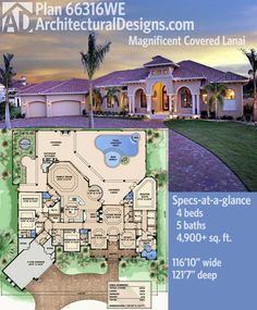 this is an image of the front and back of a house with plans for each floor