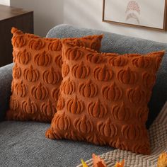 two orange pillows sitting on top of a blue couch