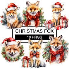 watercolor christmas fox clipart set with presents and gifts on white background for commercial use