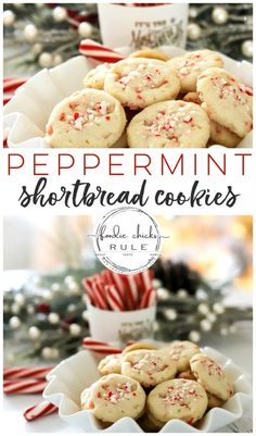 peppermint shortbread cookies on a plate with candy canes in the background