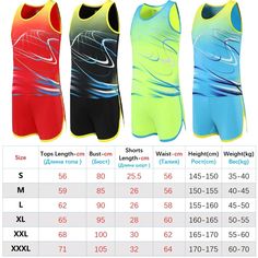 three different styles of men's swimsuits with sizes and measurements for each one