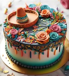 there is a cake decorated with flowers and hats on the top of it's icing