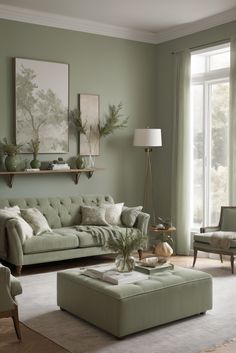 a living room with green walls and furniture