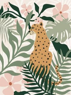 a cheetah in the jungle surrounded by tropical leaves and flowers on a pink background