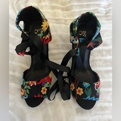 Never Worn Size 8 Floral 3 Inch Heels That Tie Up At The Ankle Fabric Heels With Ankle And Heel Straps, Fabric Round Toe Heels For Vacation, Summer Fabric Heels With Heel Strap, Fitted Open Toe Sandals For Vacation, Vacation Ankle Strap Fabric Heels, Summer Black Ankle-high Heels, Open Toe Fabric Heels For The Beach, Black Ankle-high Summer Heels, Black Ankle-high Heels For Summer