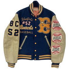 "Style Eyes Varsity Jacket Vintage wool varsity jacket. Wool body and leather sleeves. High quality. 1968-1971 Bluefield Bearcats Baseball. Size 38 / M. Pit to pit 22\". Length 24\"." Retro Patchwork Outerwear For College, Patchwork Leather Jacket For Fall Streetwear, Varsity Leather Jacket With Long Sleeves, Brown Patchwork Varsity Jacket For Streetwear, Retro Winter Outerwear With Patches, Brown Patchwork Varsity Jacket For Fall, Vintage Fall Varsity Jacket With Patchwork, Retro Long Sleeve Leather Jacket For Outdoor, Varsity Leather Jacket Long Sleeve