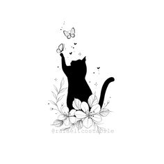 a black cat sitting on top of a white flower and butterfly wall decal with butterflies flying above it