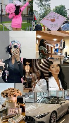 a collage of photos with different women in pink and black outfits, including one woman holding