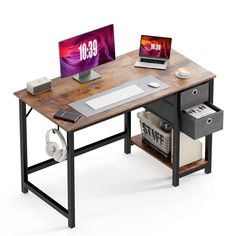 a computer desk with two computers on it