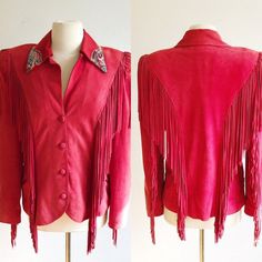 This gorgeous, luxuriously soft fine suede red jacket was made by Gossamer Wings in the 1980s. Made of highest quality suede, this jacket features long fringe, shoulder pads and gorgeous iridescent beading on the collar and pockets. Lined in red satin. I love the feel of the soft, supple suede.The writing is worn off of the label however the person I purchased this amazing jacket from verified that it was Gossamer Wings.It is approximately a modern size medium and is in excellent vintage conditi Fitted Red Outerwear For Festival, Fitted Outerwear With Beaded Fringe For Fall, Fitted Beaded Fringe Outerwear For Fall, Vintage Fitted Outerwear With Fringe, Fitted Vintage Outerwear With Fringe, Southwestern Jacket, Gossamer Wings, Peignoir Sets, Lace Nightgown