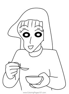 a woman holding a bowl and spoon in her hand coloring pages for kids, printable