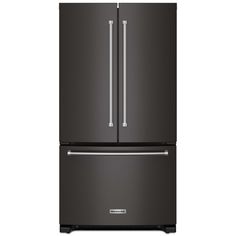 a black refrigerator freezer sitting in front of a white background with the door open