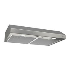 a stainless steel range hood with three lights