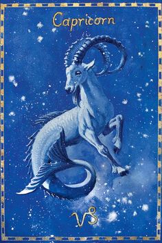 the zodiac sign for capricorn is shown in blue and gold, with an image of a goat on it's back