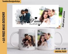 two coffee mugs with an image of a couple and the words family printed on them