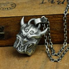 Horned Mask, Japanese Ghost, Handmade Silver Jewelry, Ghost Face, Ghost Faces, Silver Jewelry Handmade, Silver Pendant Necklace