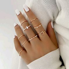 Super Trendy And Dainty! Mix And Match These Rings With Any Look! 9 Pieces Set With Crystal Rhinestone Accents. Rose Gold Tone Over Hypoallergenic Alloy Metal. Will Not Rust. Matching Ring Set, Gold Finger Rings, Geometric Ring, Gold Ring Sets, Finger Rings, Matching Rings, Minimalist Rings, Colorful Heart, Stylish Jewelry