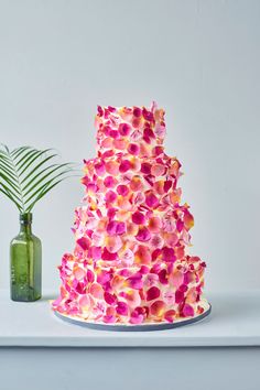 a three tiered cake with pink and yellow flowers on it next to a green vase