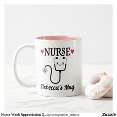 a coffee mug with a nurse's stethoscope on it next to a donut