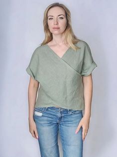 Elegant Linen Blouse Kimono Sleeve Top Women Linen Shirt - Etsy Solid Ramie Tops For Spring, Casual V-neck Ramie Top, Casual V-neck Tops In Ramie, Solid Linen V-neck Shirt, Casual Short Sleeve Ramie Tops, Linen V-neck Shirt, Chic Linen Tops With Relaxed Fit, Chic Relaxed Fit Linen Tops, Chic Linen Top In Flax Color