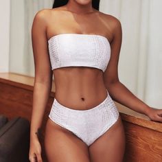 Brand New. Boutique Style. High Waisted Snake Print Bandeau Bikini Set Trendy Two Piece Bikini Set Featuring A Strapless Bikini Swim Top And A Pair Of High Waist Bikini Bottom With Cheeky Coverage. Fully Lined. Available In Sizes S Measurements: S - Bust 12", Waist 12", Bikini Bottom From Top To Crotch 11" White Strapless Tankini For Vacation, White Strapless Tankini For Pool, White Strapless Tankini, White Bandeau Tankini For Swimming, White Bandeau Tankini For Vacation, White Bandeau Tankini For Beachwear, Strapless White Tankini For Swimming, Fitted High-waisted Tube Top For Beach, Fitted High Waist Tube Top For Beach