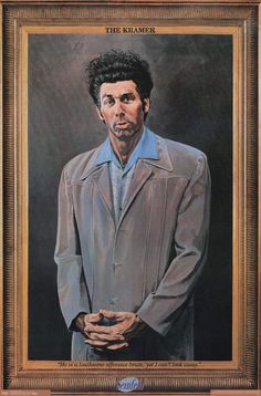 an oil painting of a man wearing a suit and blue shirt with his hands in his pockets