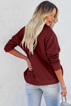 Wine Red Solid Color Zip Collar Sweatshirt with Pockets Red Long Sleeve Plain Top, Red Plain Long Sleeve Tops, Casual Red Tops For Fall, Red Crew Neck Sweater With Solid Color, Red Crew Neck Sweater Solid Color, Red Cotton Sweatshirt For Fall, Red Solid Color Crew Neck Sweater, Red Solid Color Winter Tops, Oversized Solid Red Tops