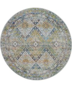 a round rug with an ornate design on the middle and bottom in blue, green, yellow