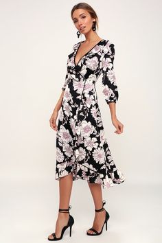 Thistle Prove My Love Black Floral Print Ruffled Wrap Midi Dress Chic Fitted Midi-length Floral Dress, Chic Printed A-line Midi Dress, Chic A-line Printed Midi Dress, Printed Knee-length Midi Dress For Garden Party, Printed Midi Dress For Brunch, Floral Midi Dress For Date Night, Fitted Mid-length Floral Dress For Brunch, Floral Print Mid-length Evening Dresses, Printed Midi Dress For Day Out