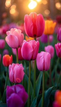 pink and orange tulips with the sun in the background