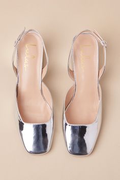 The Lulus Carlson Silver Patent Slingback Low Heel Pumps will be the perfect way to finish any of your poshest looks! Shiny, faux patent leather shapes these totally chic heels that have a squared-toe upper with a low-cut collar and a slender slingback strap that adjusts with a silver buckle. 2. 25" wrapped block heel. Lightly cushioned insole. Rubber sole has nonskid markings. Man made materials. Imported. Lulus | Carlson Silver Patent Slingback Low Heel Pumps | Size 9. Sculpted Heel Slingback Pumps With Square Toe For Party, Party Slingback Pumps With Sculpted Heel And Square Toe, Sleek Slingback Pumps With Square Toe For Party, Sleek Square Toe Slingback Pumps For Party, Sleek Low Heel Slingback Sandals For Party, Modern Slingback Sandals With Square Toe For Party, Modern Block Heel Slingback Pumps For Party, Chic Square Toe Slingback Pumps For Party, Elegant Patent Leather Slingback Sandals With Block Heel