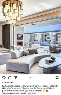 an instagram photo of a living room with furniture and lighting on the ceiling,