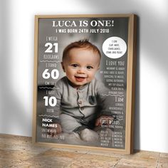 a wooden frame with an image of a baby's birth announcement on the front