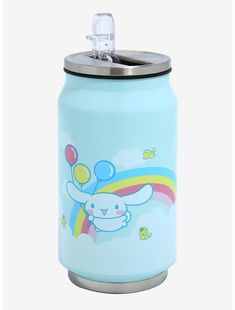 a blue can with an image of a bunny holding a balloon on it's side