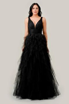 Black Layered Tiered Tulle A-Line Dress Black Tulle Layer Dress, Luxury Tulle Maxi Evening Dress, Tiered Black Tulle Dress, Layered Tulle Prom Dress Black, Luxury Tiered Tulle Skirt Dress, Luxury Tiered Tulle Dress, Long Tiered Tulle Dress, Luxury Tulle Dresses With Tiered Skirt, Layered Maxi Dress