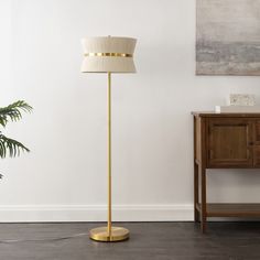 a floor lamp with a white shade on it and a plant in the corner next to it