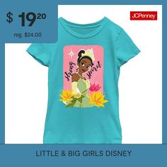 Designed with an colorful graphic, this Disney Princess Tiana t-shirt will keep your little or big girl's style cool and comfortable. It's cut for a regular-fit made from soft cotton-knit, it has a crew neckline and short sleeves.Character: Princess & the FrogClosure Type: Pullover HeadFit: Regular FitNeckline: Crew NeckSleeve Length: Short SleeveFiber Content: 100% CottonFabric Description: KnitCare: Machine Wash, Tumble DryCountry of Origin: Imported Frog Graphic, Disney Princess Tiana, Girls Disney, Princess Tiana, Disney Girls, The Frog, Tahiti, Crew Neckline, Shirts Tops